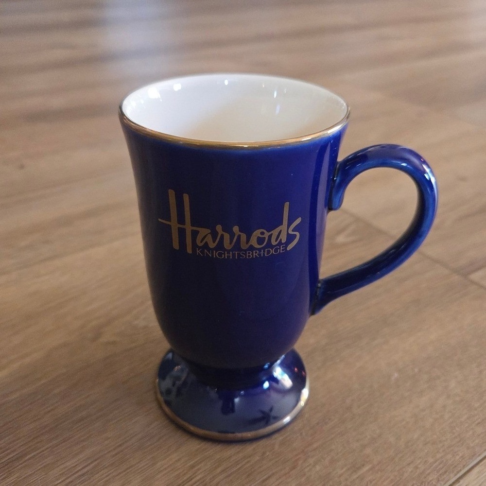 Harrods Knightsbridge Blue Ceramic Mug Gold Trim Footed‎ Coffee Tea Cup